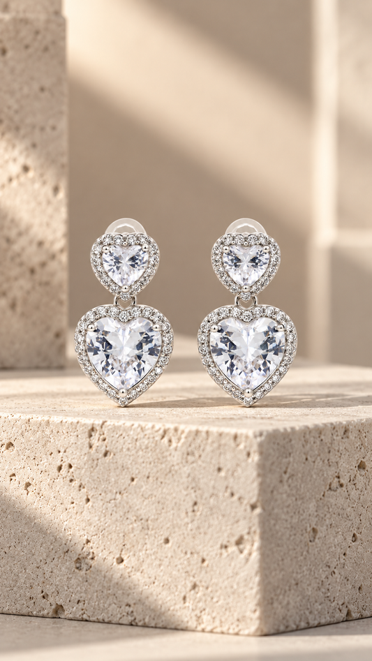Silver Heart Halo Drop Earrings