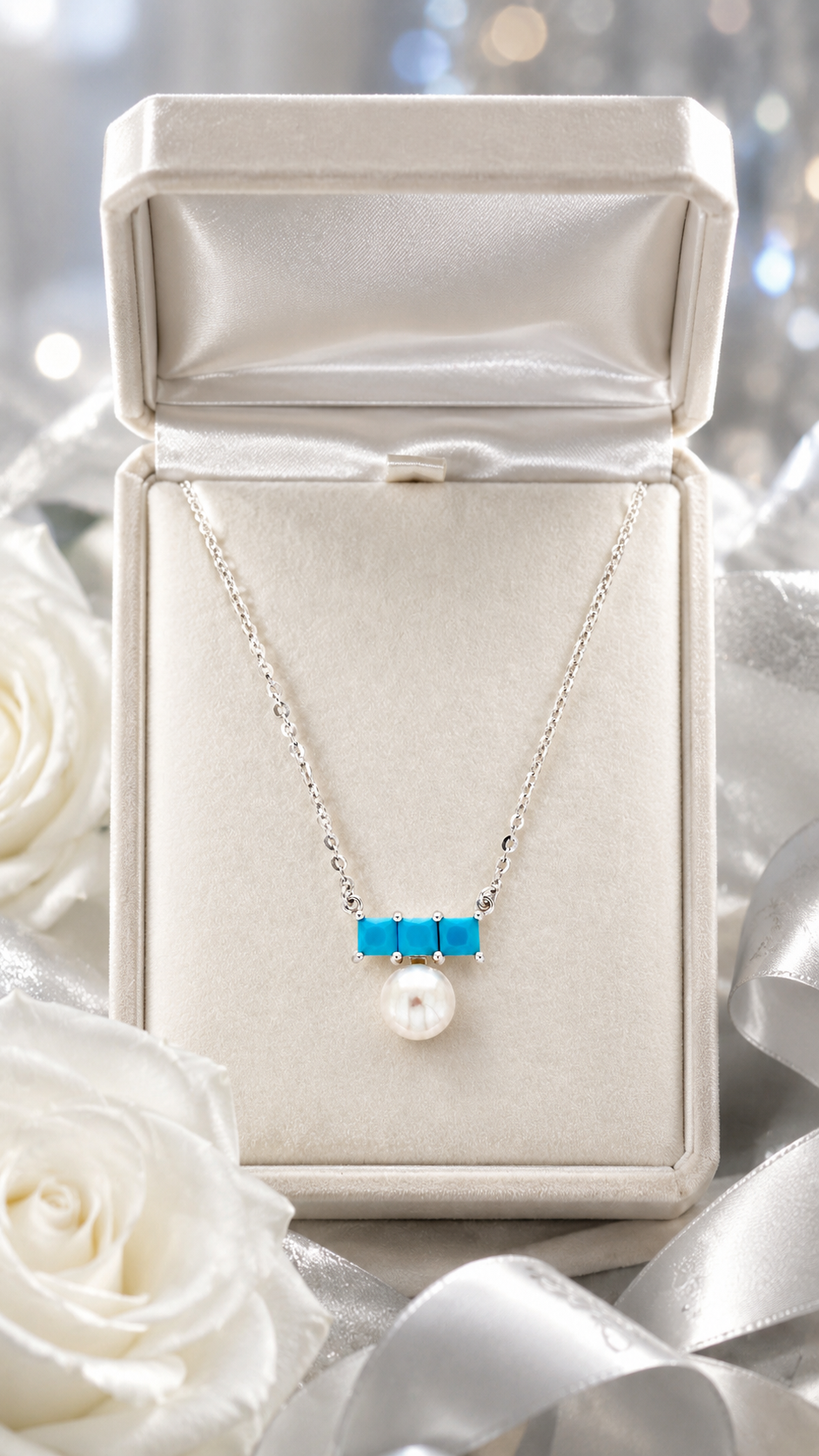 Elegant Silver Turquoise Pearl Pendant Necklace