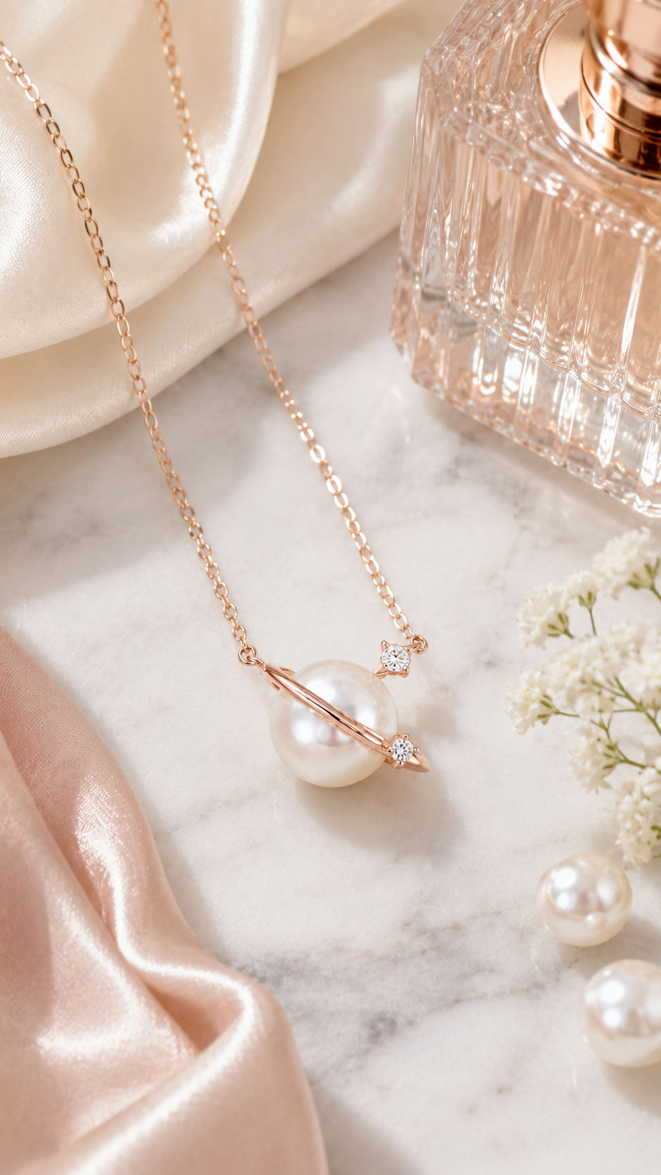 Elegant Rose Gold Pearl Planet Pendant Necklace
