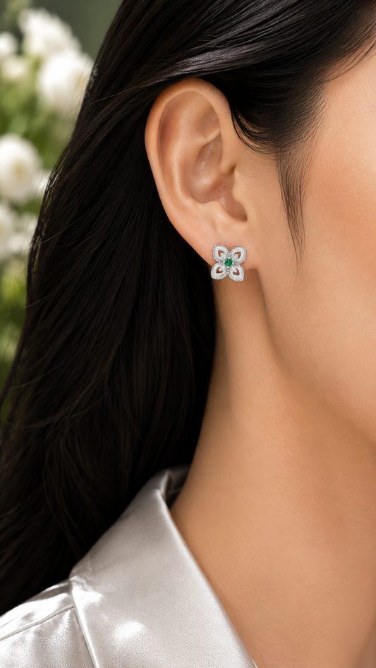 Floral Earrings with Green Stone