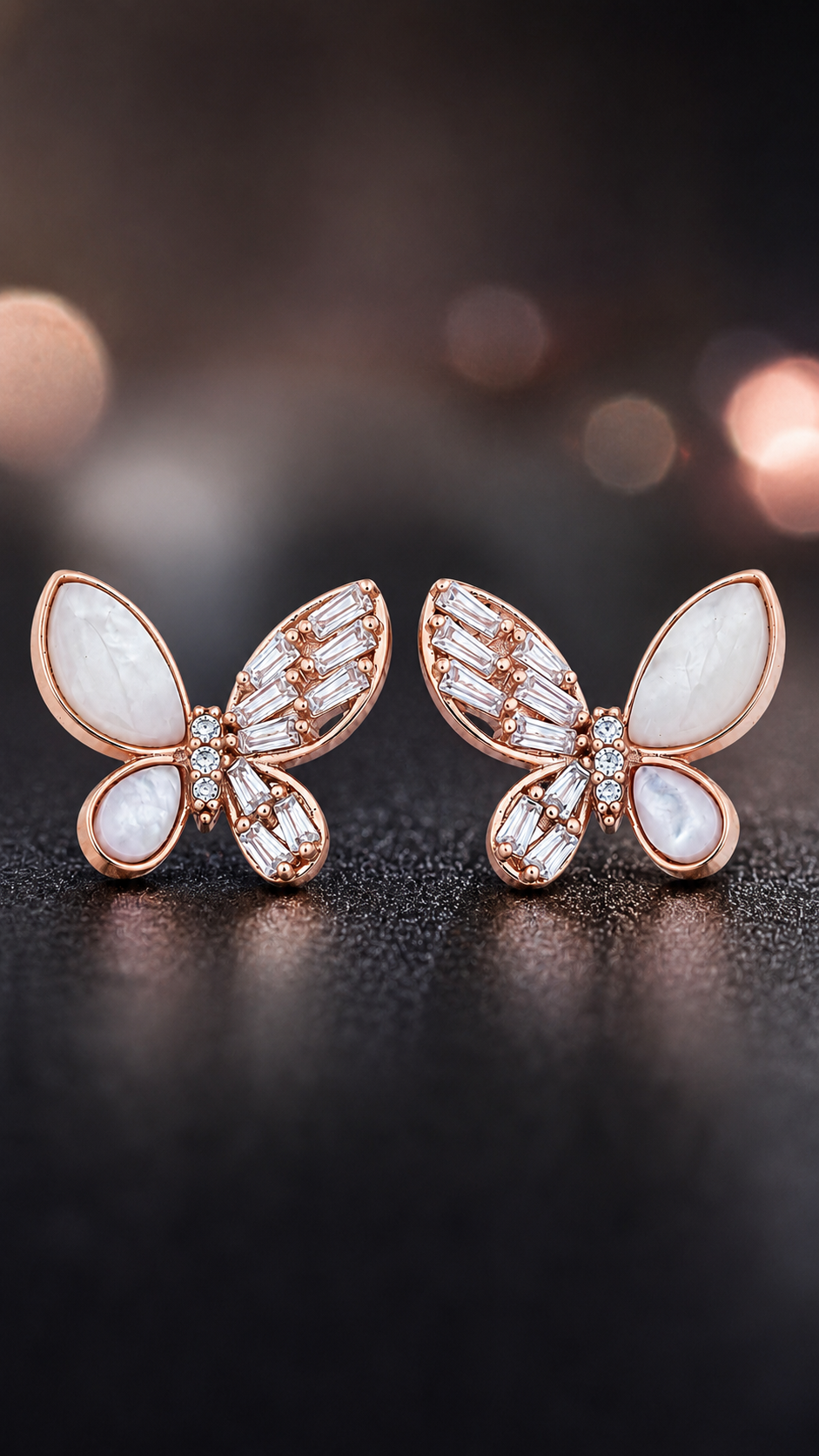 Elegant Rose Gold Mother of Pearl & CZ Butterfly Stud Earrings