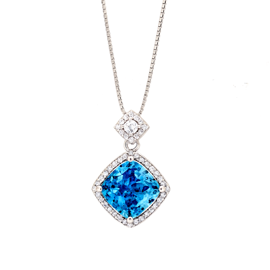 925 Silver Blue Topaz Halo Pendant Necklace for Women – Sparkling CZ Diamond Chain Design