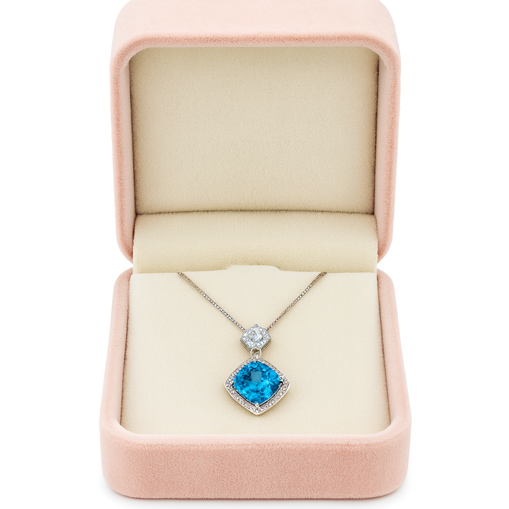 925 Silver Blue Topaz Halo Pendant Necklace for Women – Sparkling CZ Diamond Chain Design