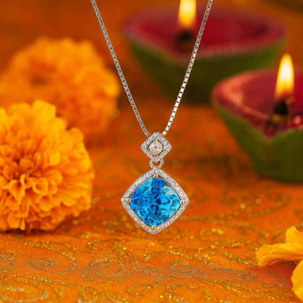 925 Silver Blue Topaz Halo Pendant Necklace for Women – Sparkling CZ Diamond Chain Design