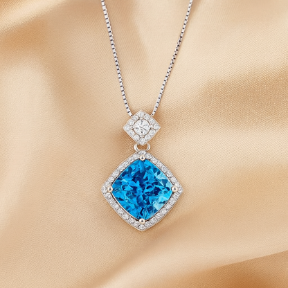 925 Silver Blue Topaz Halo Pendant Necklace for Women – Sparkling CZ Diamond Chain Design