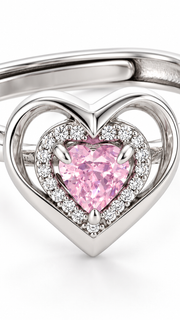 Silver Pink CZ Double Heart Adjustable Ring