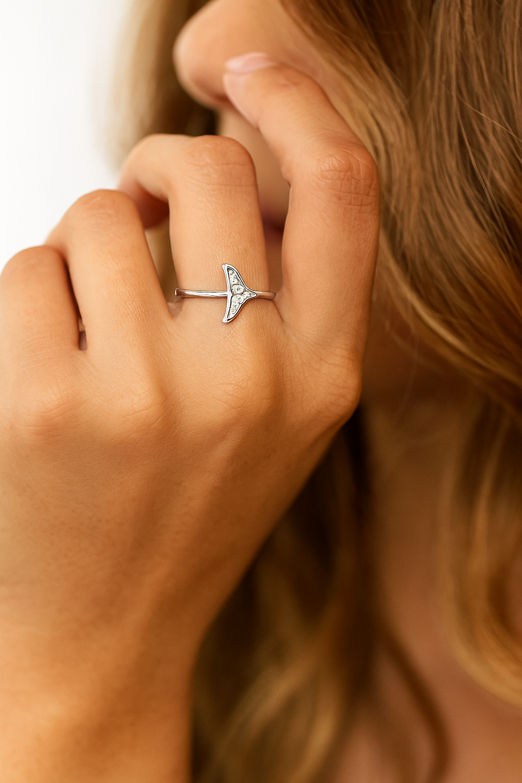 Whale Tail Zircon Ring for Women 925 Silver Finish Elegant Minimal Adjustable Finger Ring