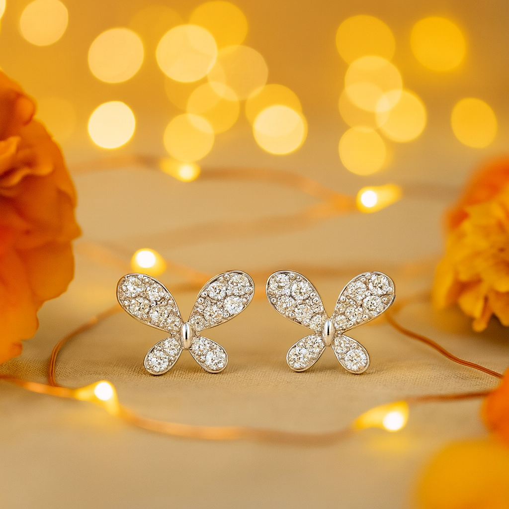 Elegant Butterfly CZ Stud Earrings for Women | Sparkling Silver-Tone Daily Wear