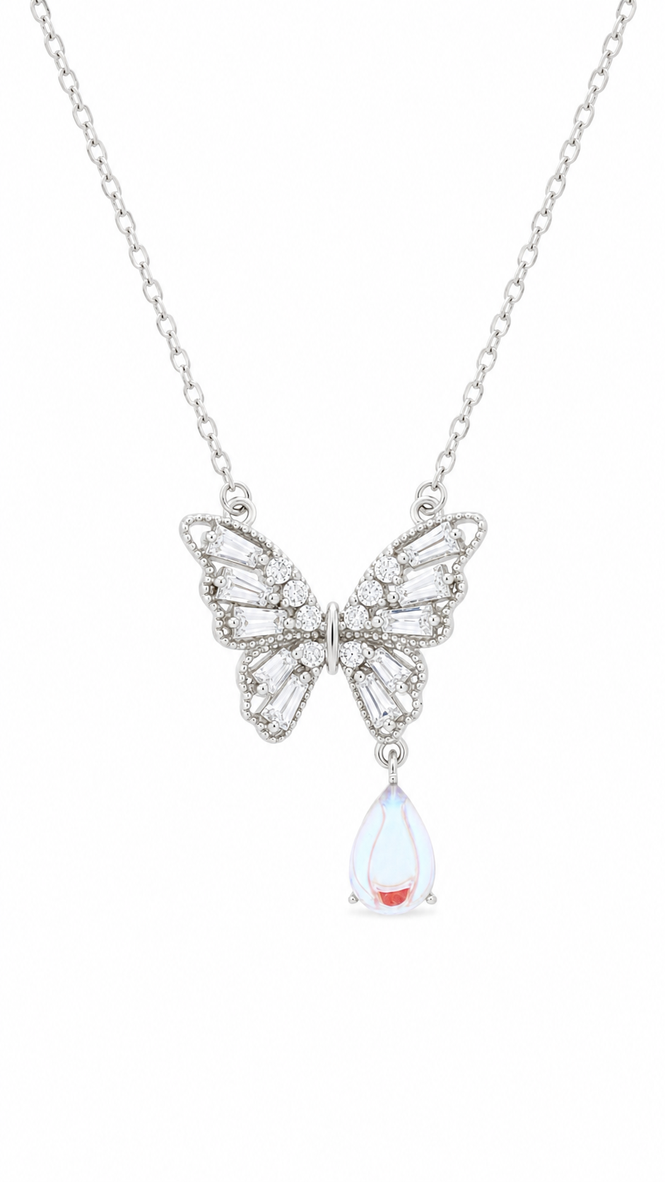Elegant Silver Butterfly Opal Drop Pendant Necklace