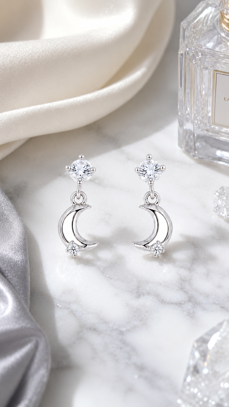 Silver Crescent Moon CZ Drop Earrings