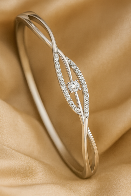 Silver Twisted Solitaire Zircon Bangle for Women