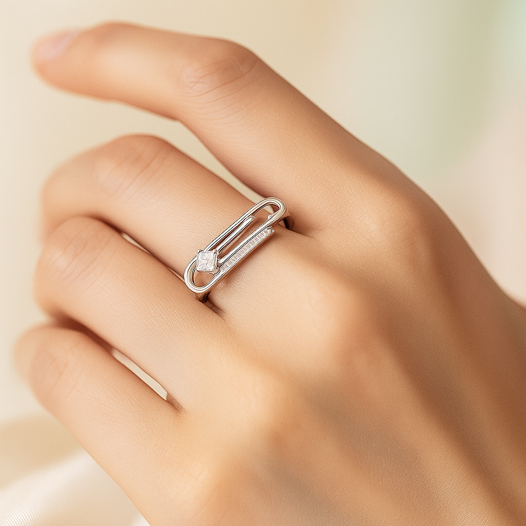 Trendy Geometric Silver Ring with Princess Cut Stone