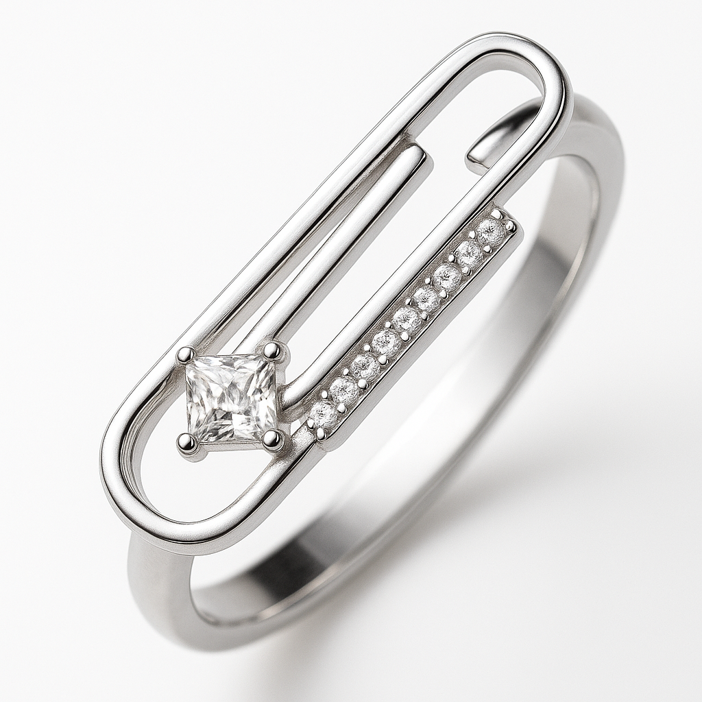 Trendy Geometric Silver Ring with Princess Cut Stone