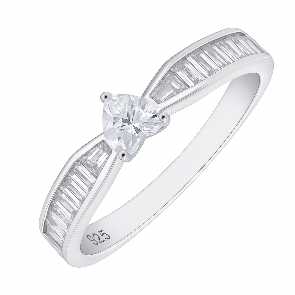 Heart Shaped Solitaire Ring with Baguette Accents