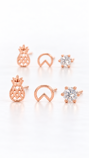 Pineapple, Geometric & Solitaire Stud Earrings Set - Aaryahi Silver jewellery product photo