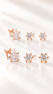 Butterfly Pearl, Square Round Solitaire Earrings Set - Aaryahi Silver jewellery product photo
