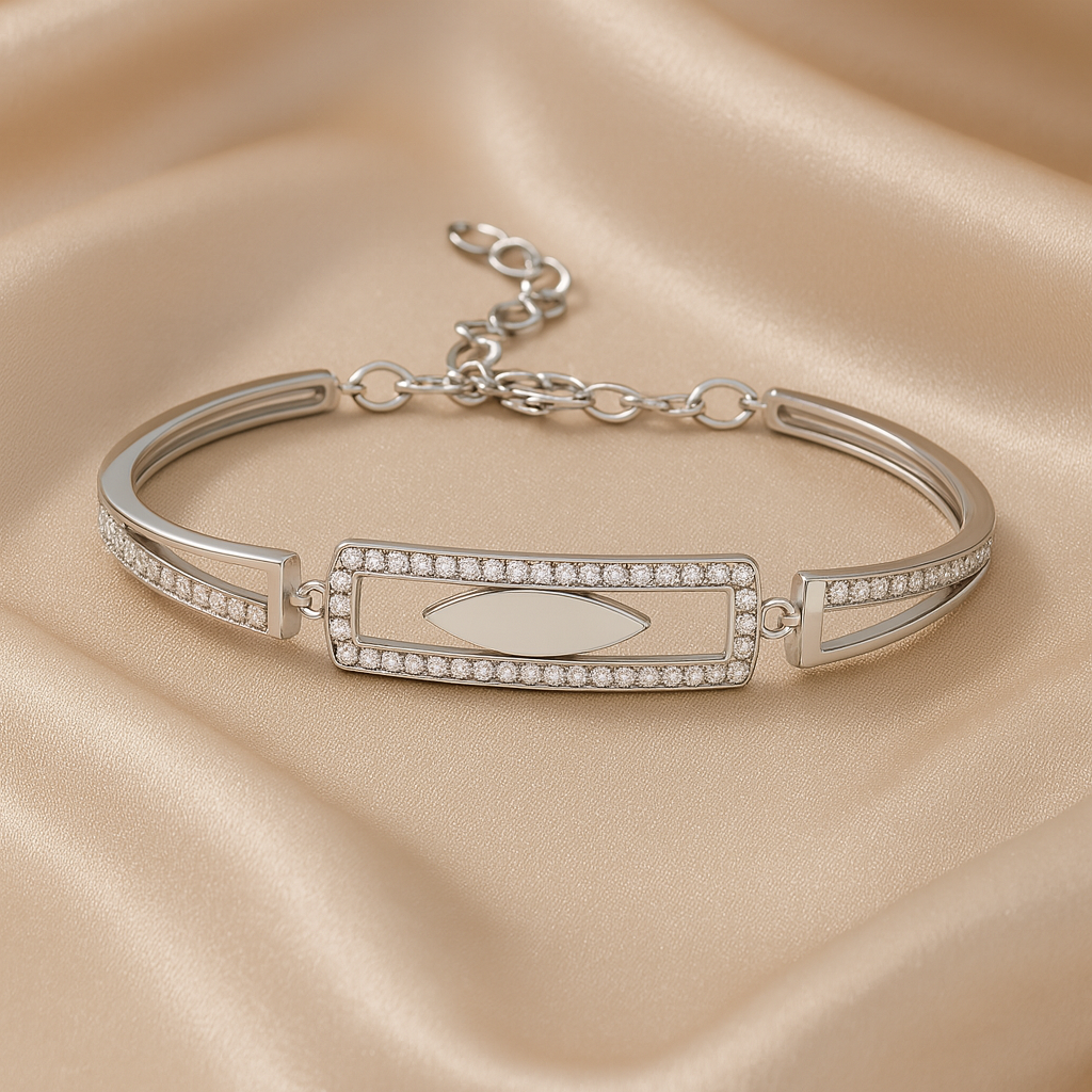 Silver Geometric CZ Open-Frame Bracelet for Women