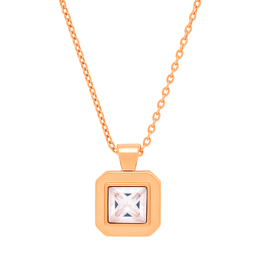 Rose Gold Plated Square Pendant Necklace for Women – Elegant Geometric Design with CZ Stone