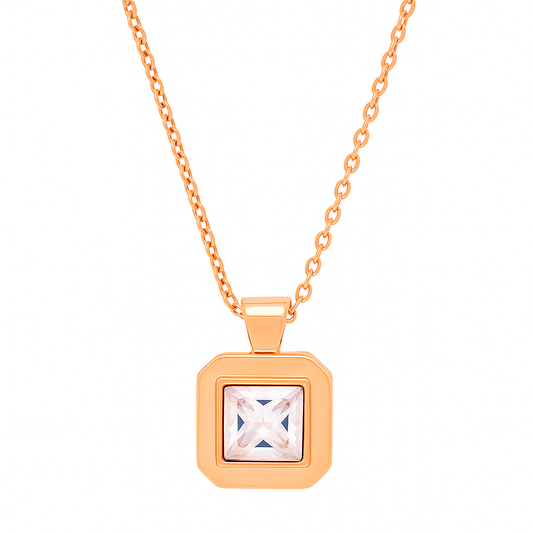 Rose Gold Plated Square Pendant Necklace for Women – Elegant Geometric Design with CZ Stone