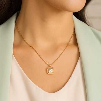 Rose Gold Plated Square Pendant Necklace for Women – Elegant Geometric Design with CZ Stone