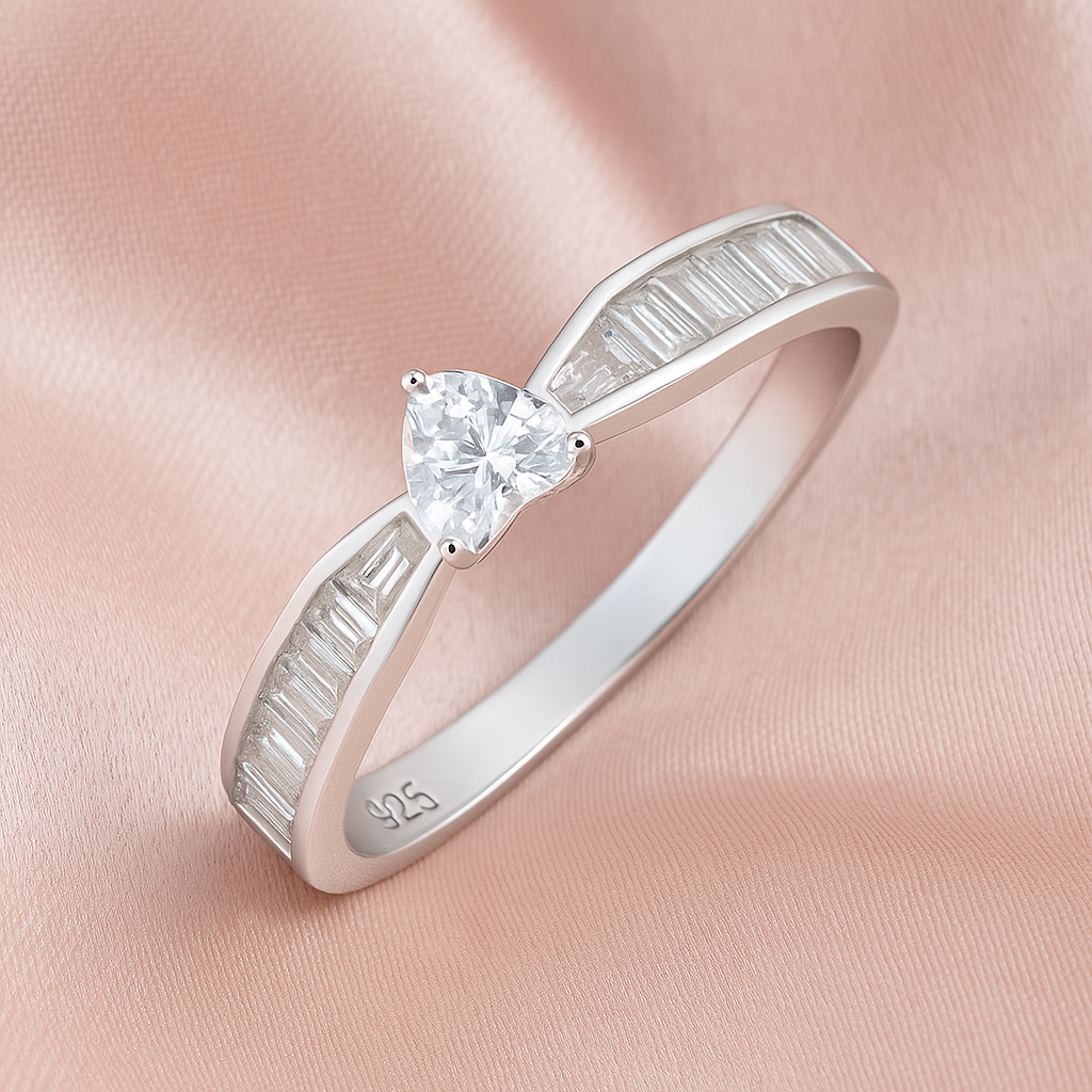 Heart Shaped Solitaire Ring with Baguette Accents