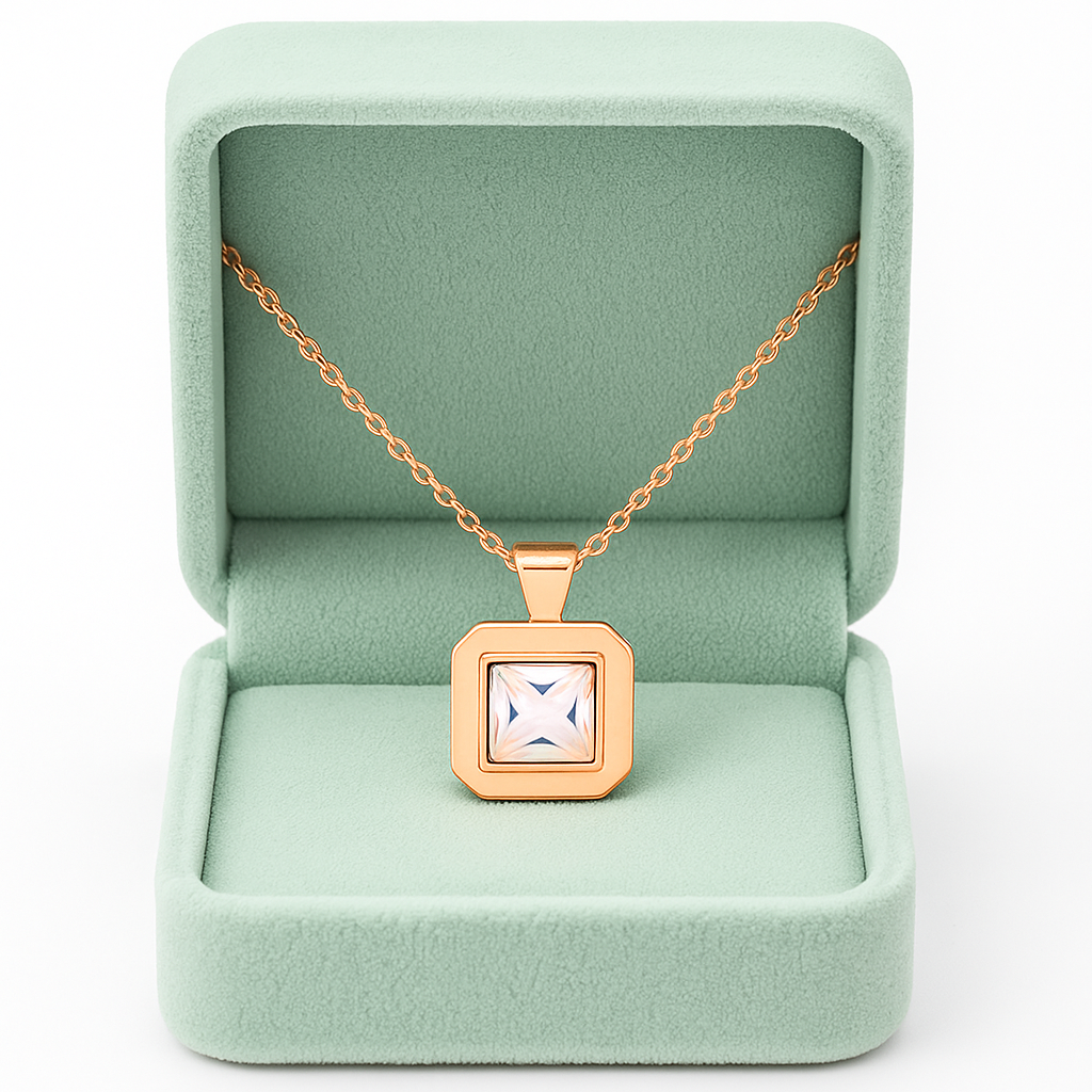 Rose Gold Plated Square Pendant Necklace for Women – Elegant Geometric Design with CZ Stone
