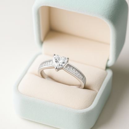 Heart Shaped Solitaire Ring with Baguette Accents
