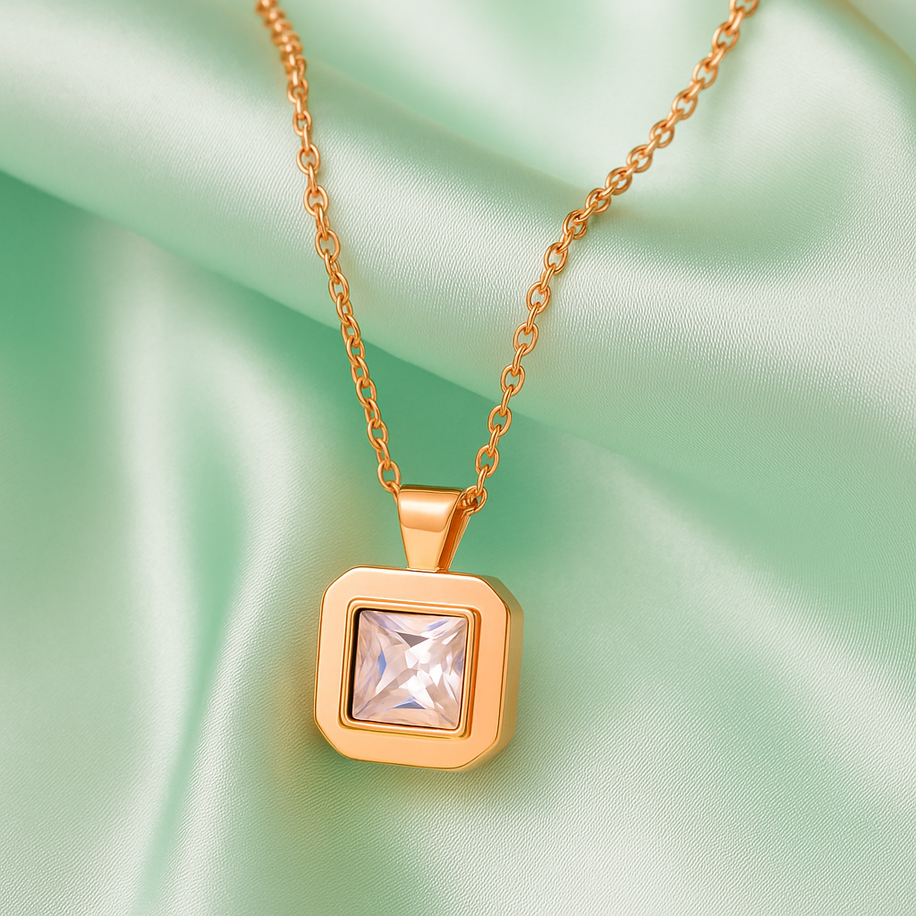 Rose Gold Plated Square Pendant Necklace for Women – Elegant Geometric Design with CZ Stone