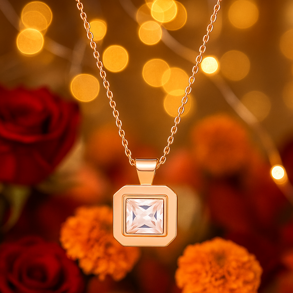 Rose Gold Plated Square Pendant Necklace for Women – Elegant Geometric Design with CZ Stone