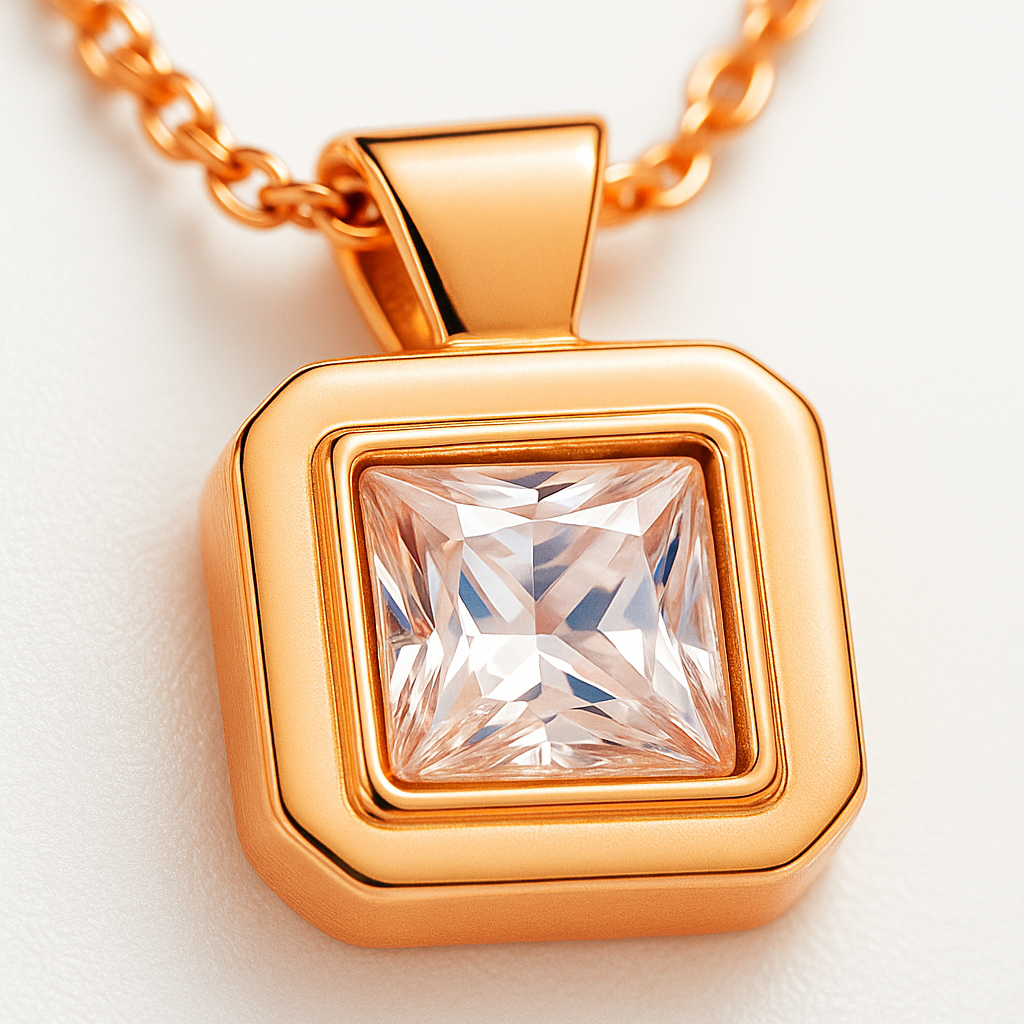 Rose Gold Plated Square Pendant Necklace for Women – Elegant Geometric Design with CZ Stone
