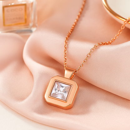 Rose Gold Plated Square Pendant Necklace for Women – Elegant Geometric Design with CZ Stone