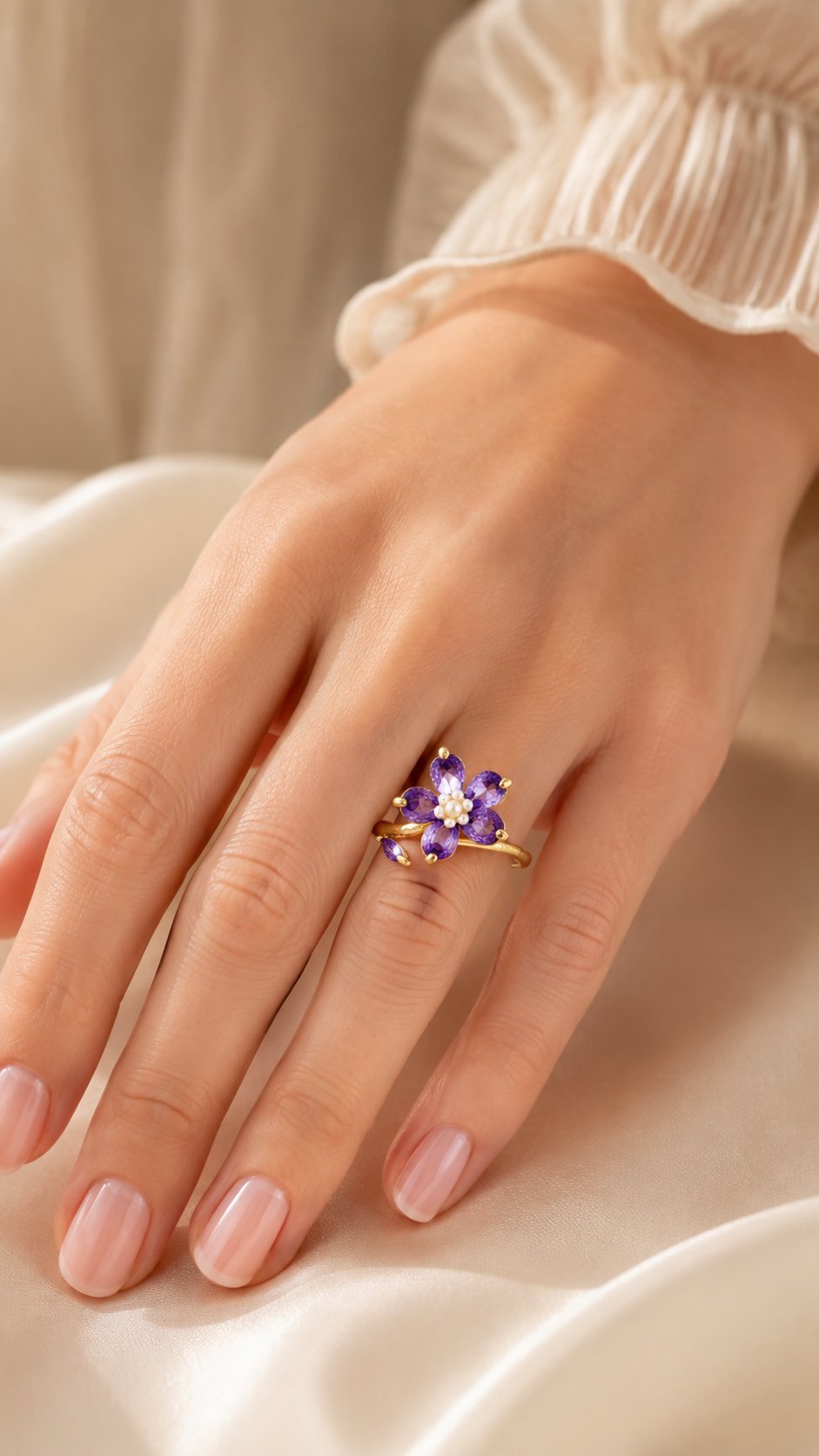 Pink Floral Pear-Cut Adjustable Open Ring