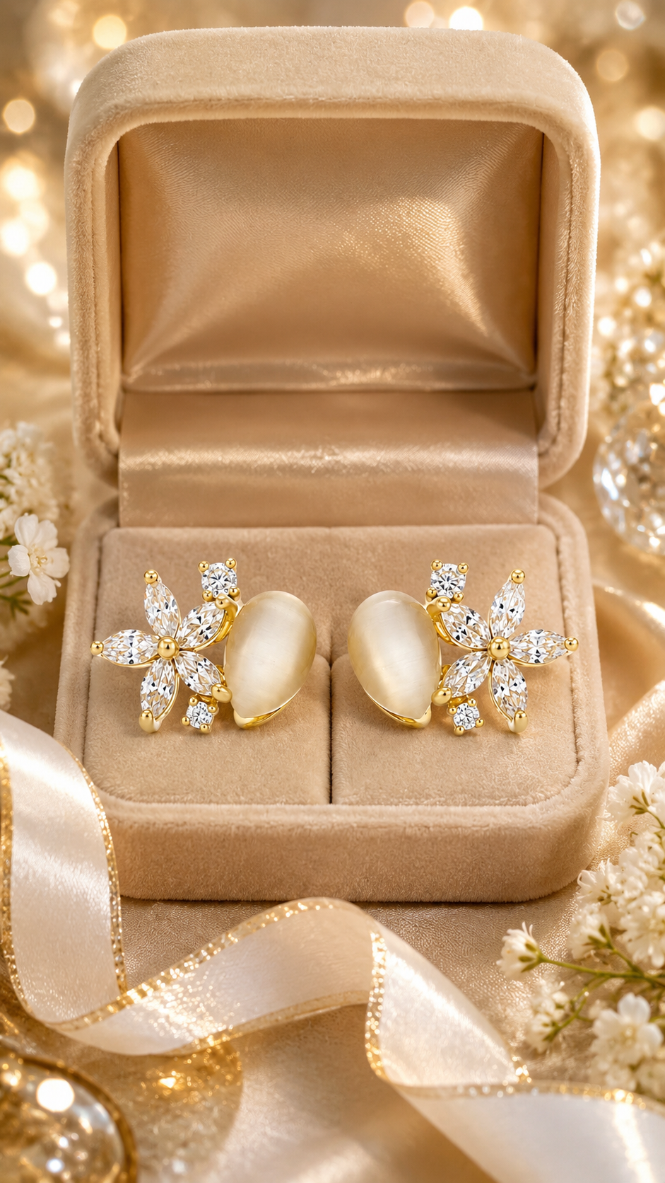 Gold Floral CZ & Champagne Cat’s Eye Stud Earrings for Women