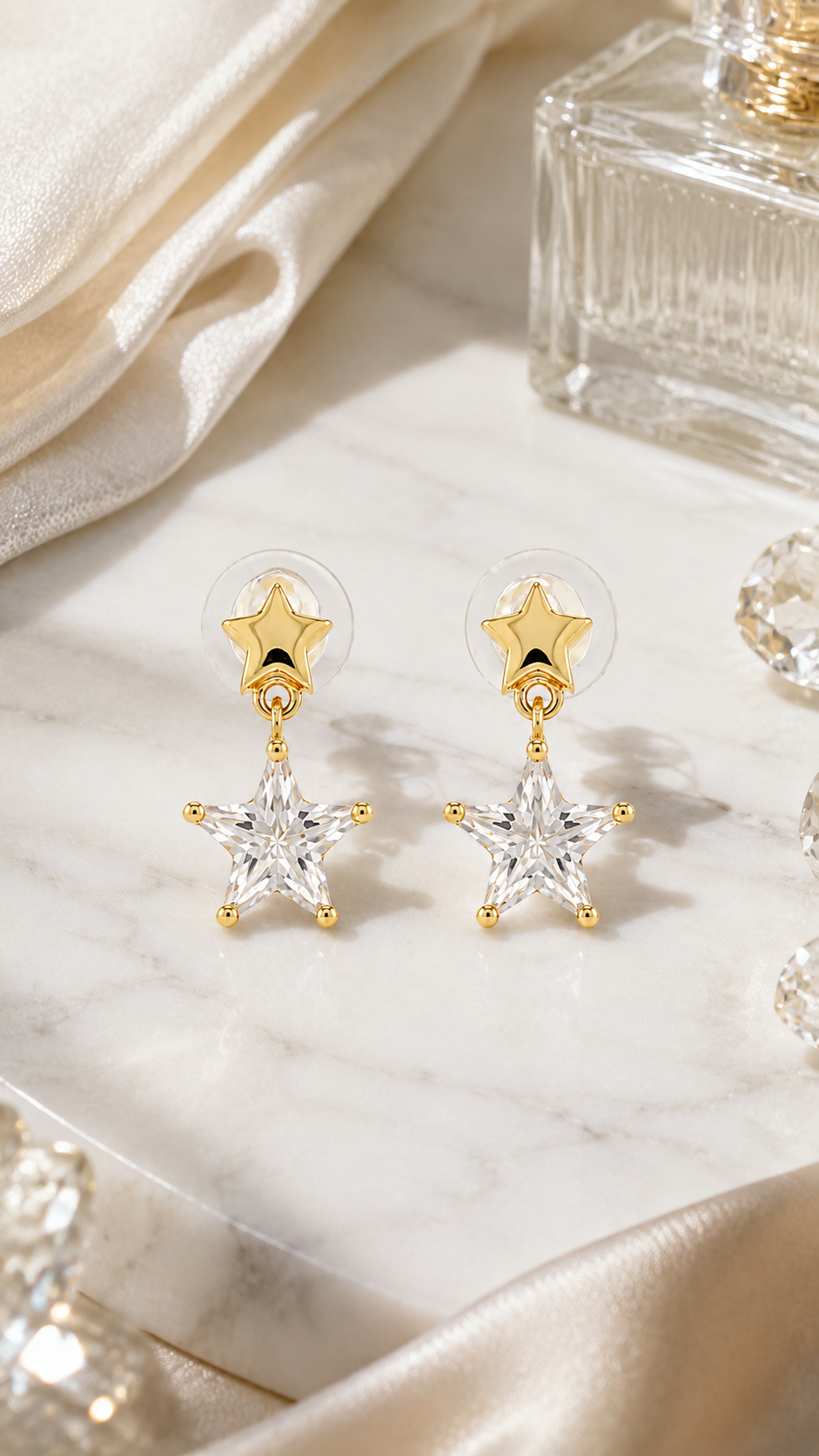 Gold Star CZ Drop Earrings