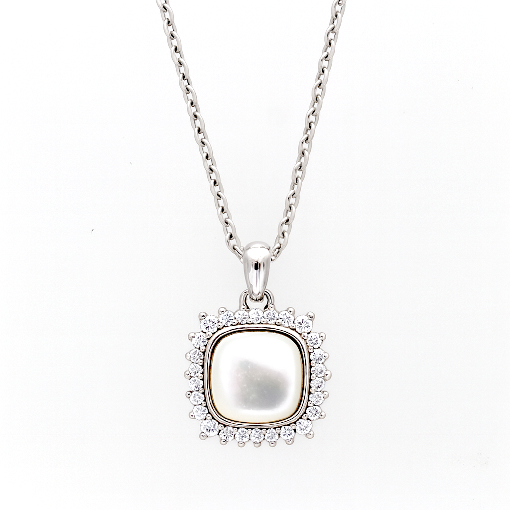 925 Silver Pearl Halo Pendant Necklace for Women – Elegant CZ Stone Border Chain Design