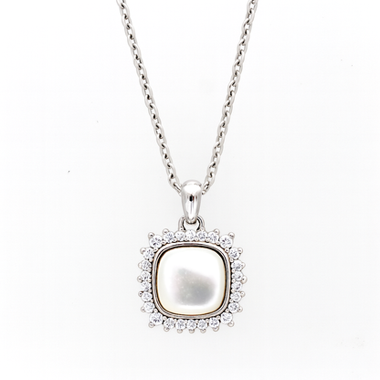 925 Silver Pearl Halo Pendant Necklace for Women – Elegant CZ Stone Border Chain Design