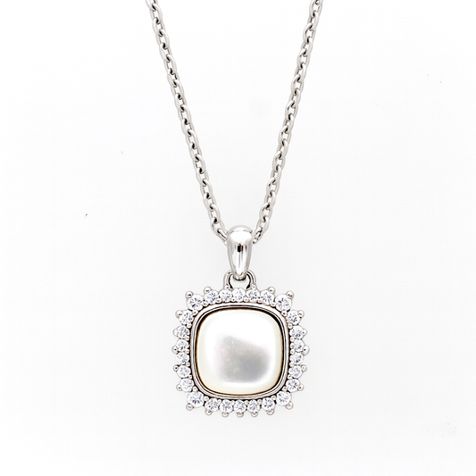 925 Silver Pearl Halo Pendant Necklace for Women – Elegant CZ Stone Border Chain Design