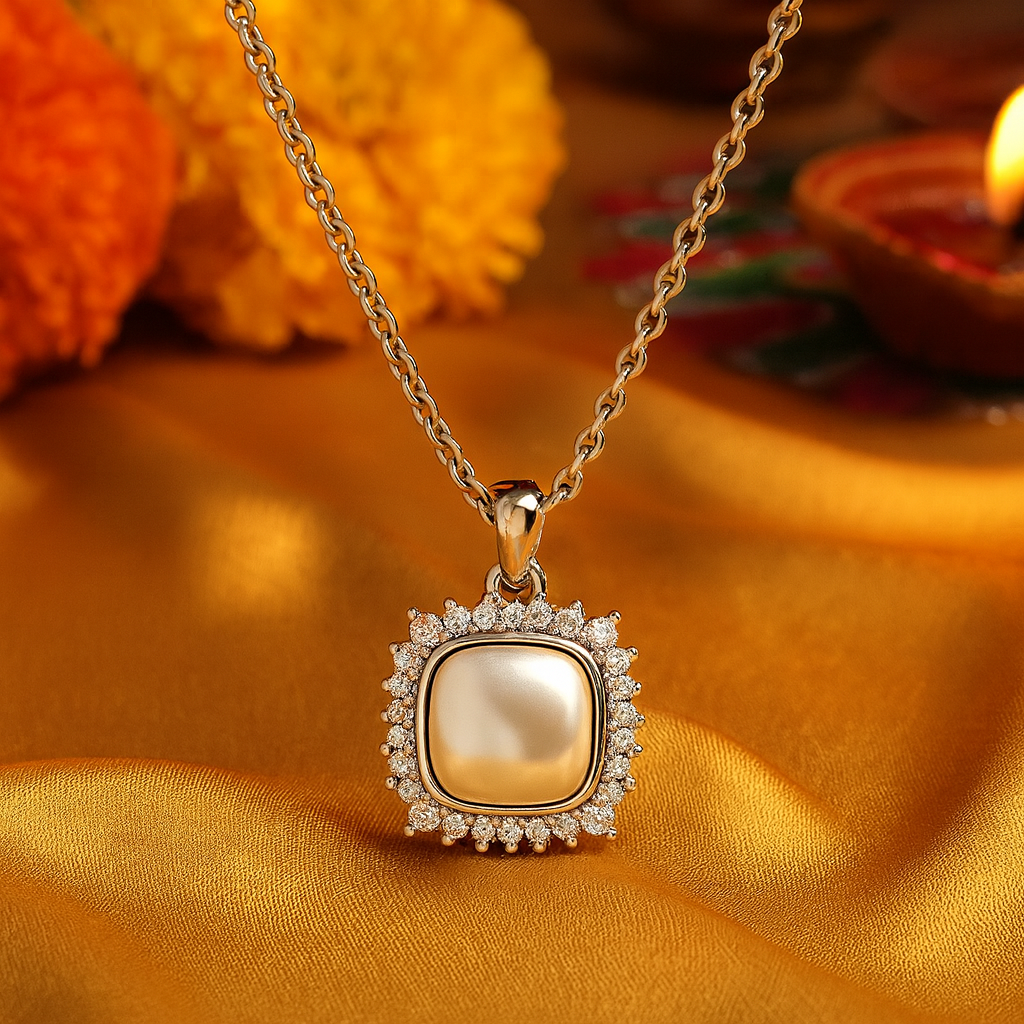 925 Silver Pearl Halo Pendant Necklace for Women – Elegant CZ Stone Border Chain Design