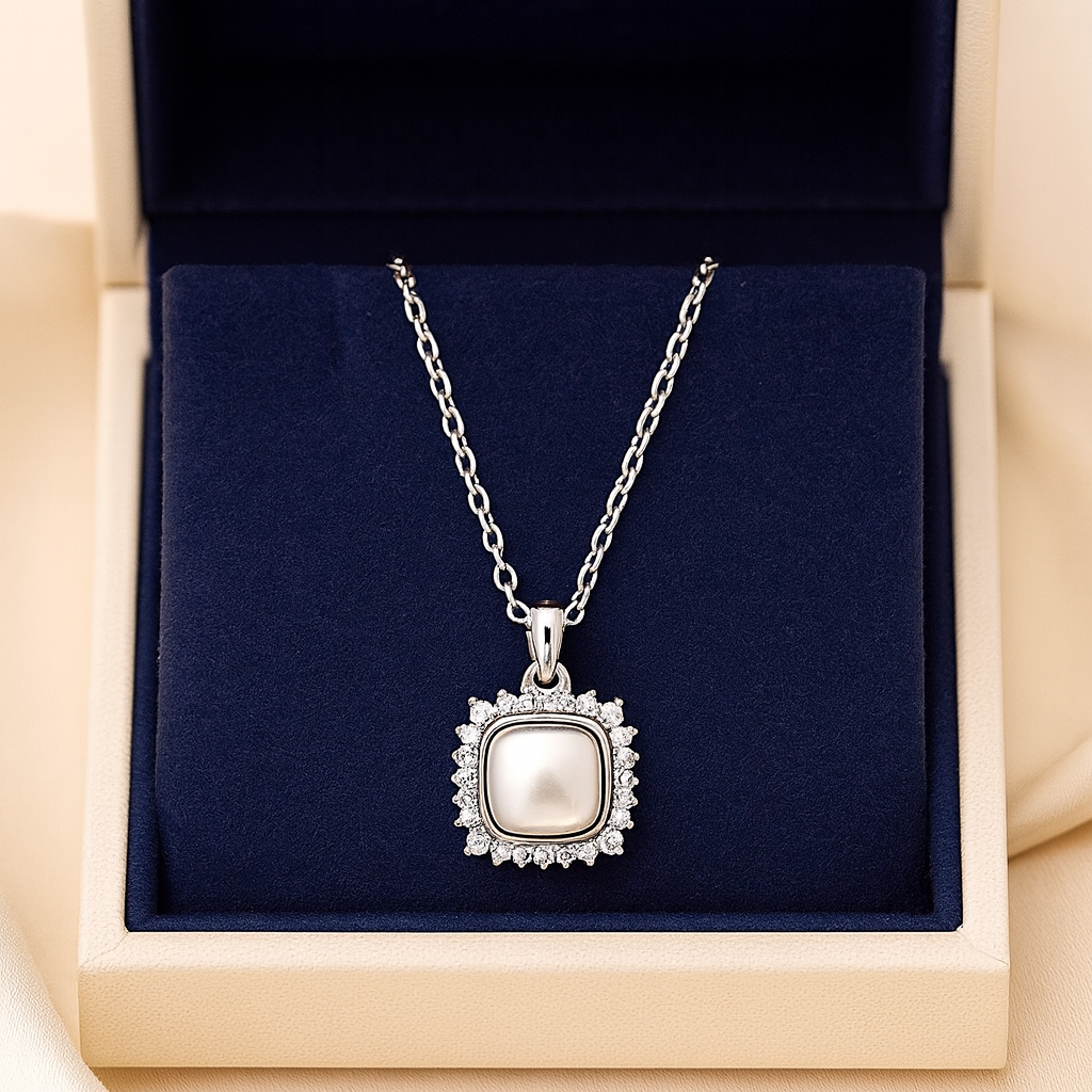 925 Silver Pearl Halo Pendant Necklace for Women – Elegant CZ Stone Border Chain Design