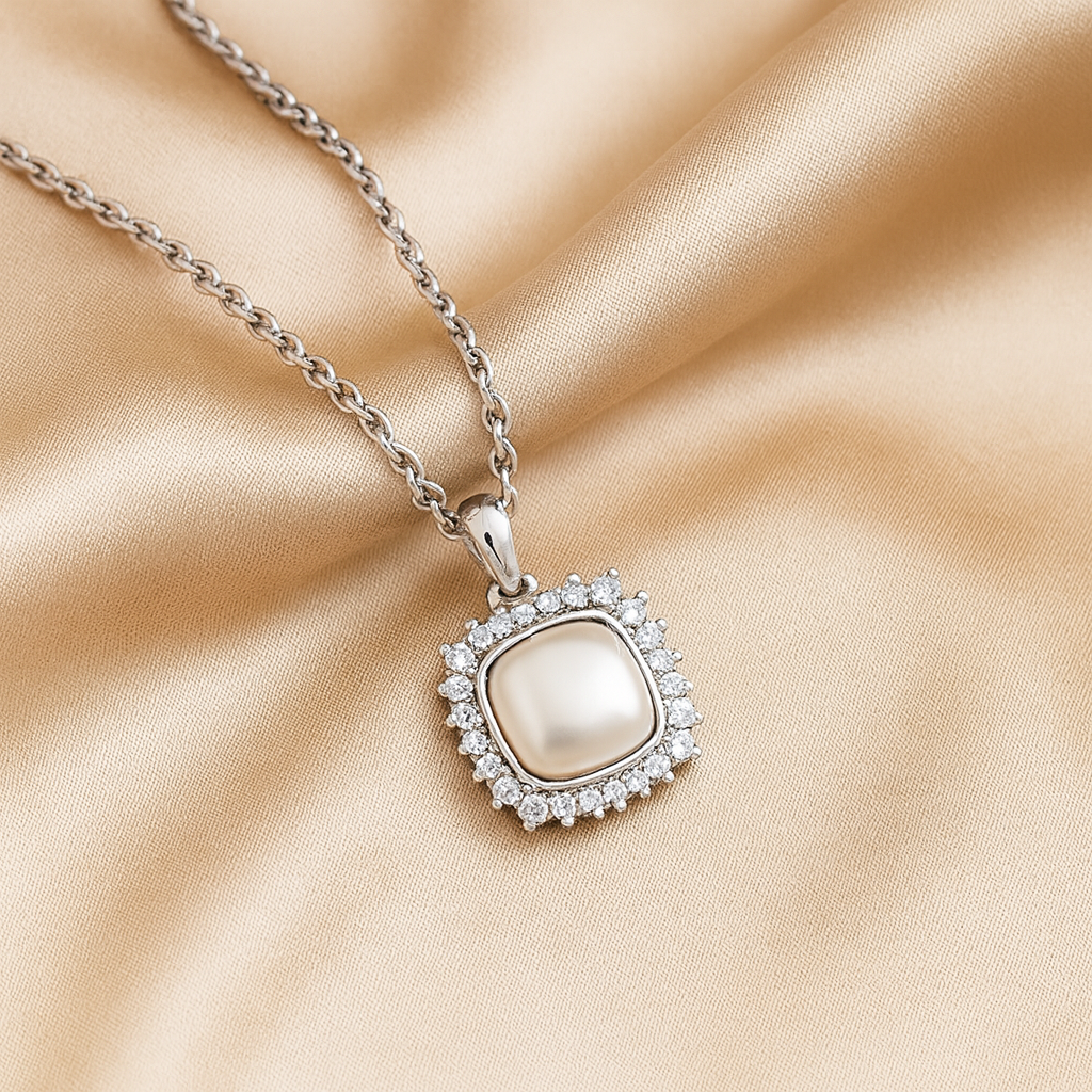 925 Silver Pearl Halo Pendant Necklace for Women – Elegant CZ Stone Border Chain Design