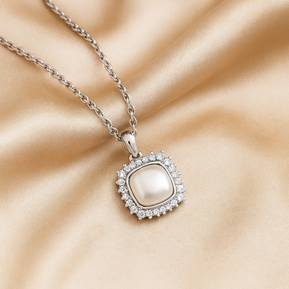 925 Silver Pearl Halo Pendant Necklace for Women – Elegant CZ Stone Border Chain Design