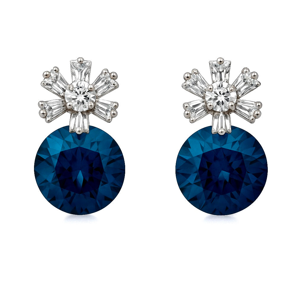 Premium Blue Crystal Drop Earrings with Baguette Floral Top for Women