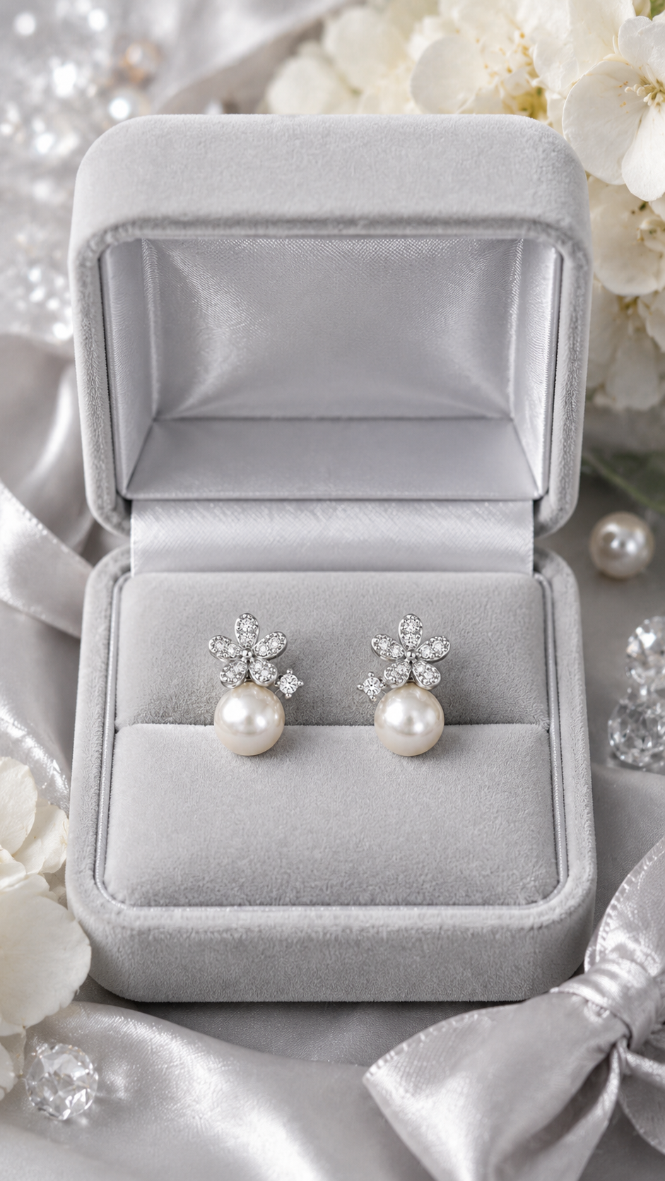 Silver Floral CZ Pearl Drop Stud Earrings for Women