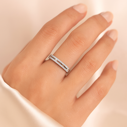 Minimalist Double Row Crystal Silver Band Ring