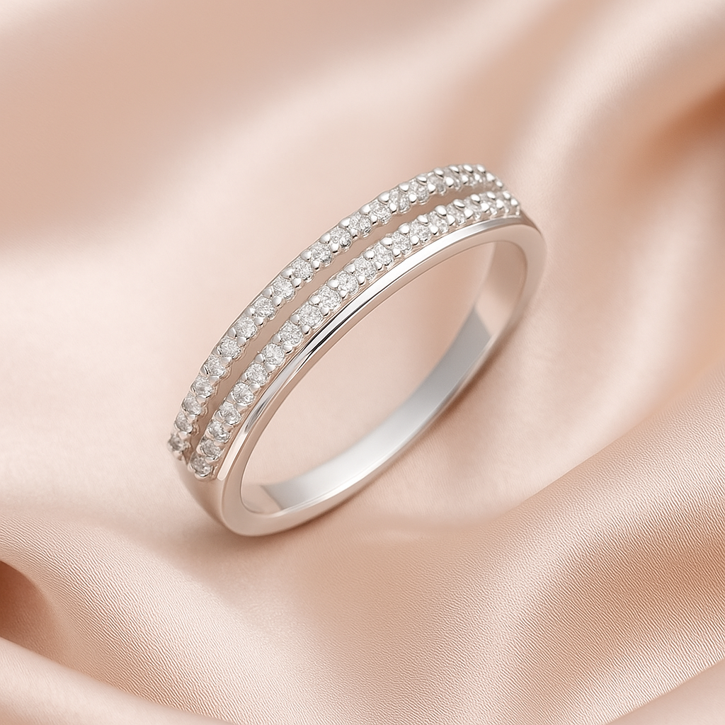 Minimalist Double Row Crystal Silver Band Ring