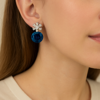 Premium Blue Crystal Drop Earrings with Baguette Floral Top for Women