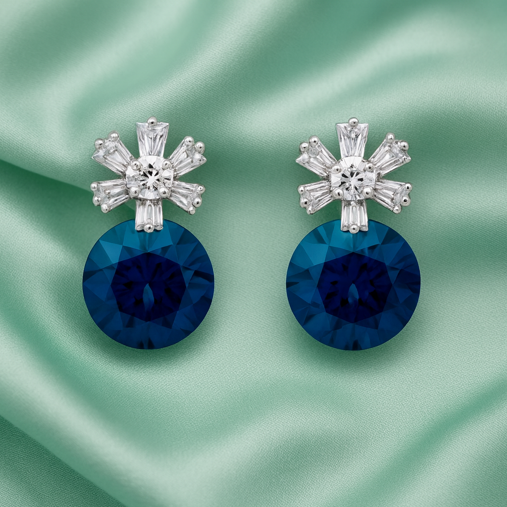 Premium Blue Crystal Drop Earrings with Baguette Floral Top for Women