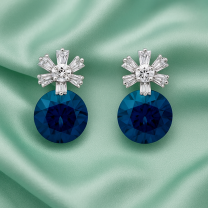 Premium Blue Crystal Drop Earrings with Baguette Floral Top for Women