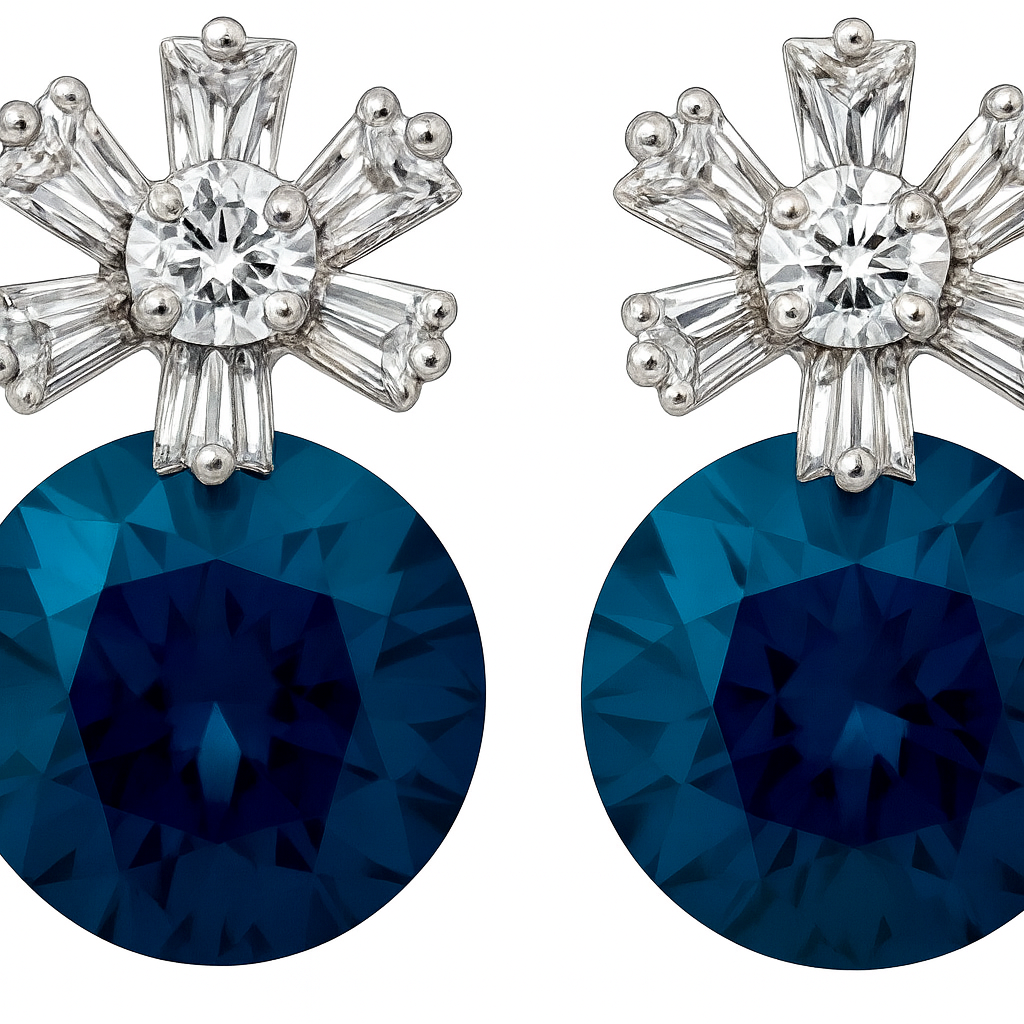 Premium Blue Crystal Drop Earrings with Baguette Floral Top for Women