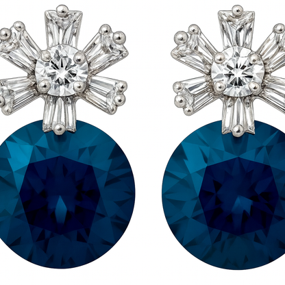 Premium Blue Crystal Drop Earrings with Baguette Floral Top for Women